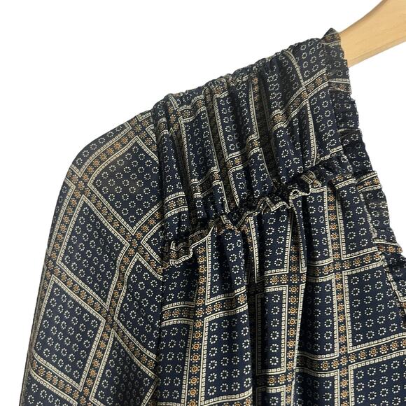 dRA Cicero Navy Blue Check Geo Print Long Sleeve Wrap Midi Dress Size Medium - Picture 7 of 14